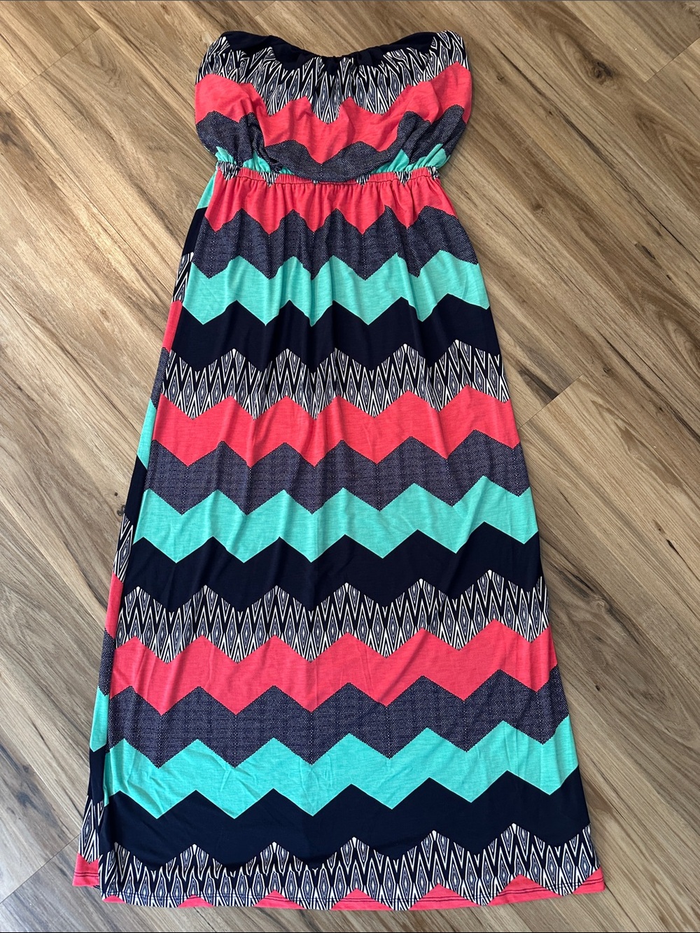 Trixxi Strapless Chevron Maxi Dress in Coral, Teal & Navy
